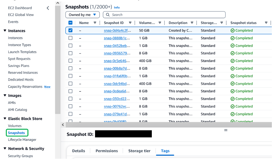 Screenshot showing the selection of snapshots in the EC2 console